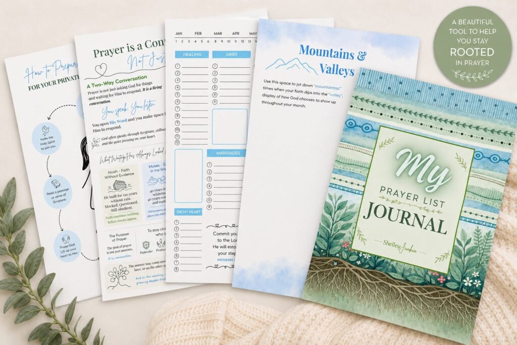 Fanned-out pages and cover of The Rooted Tool Shed Prayer List Journal